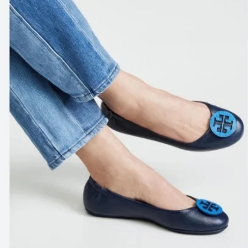 Tory Burch Navy Blue Flats with Light Blue Logo